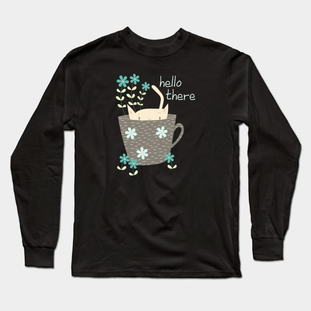 Cute Kitten In A Teacup Illustration Long Sleeve T-Shirt by BamBam